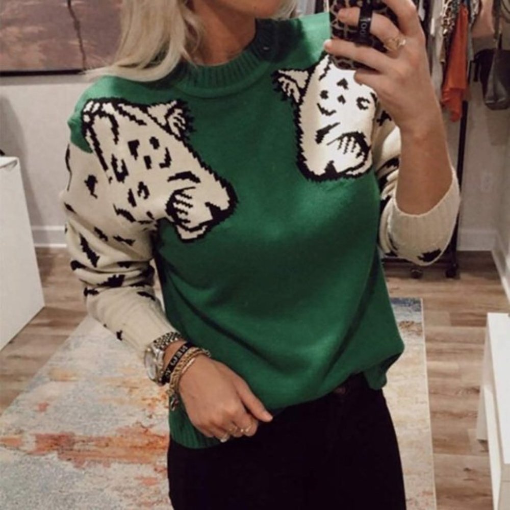 Boho Green Leopard Animal Print Cozy Sweater - Picture 2 of 6